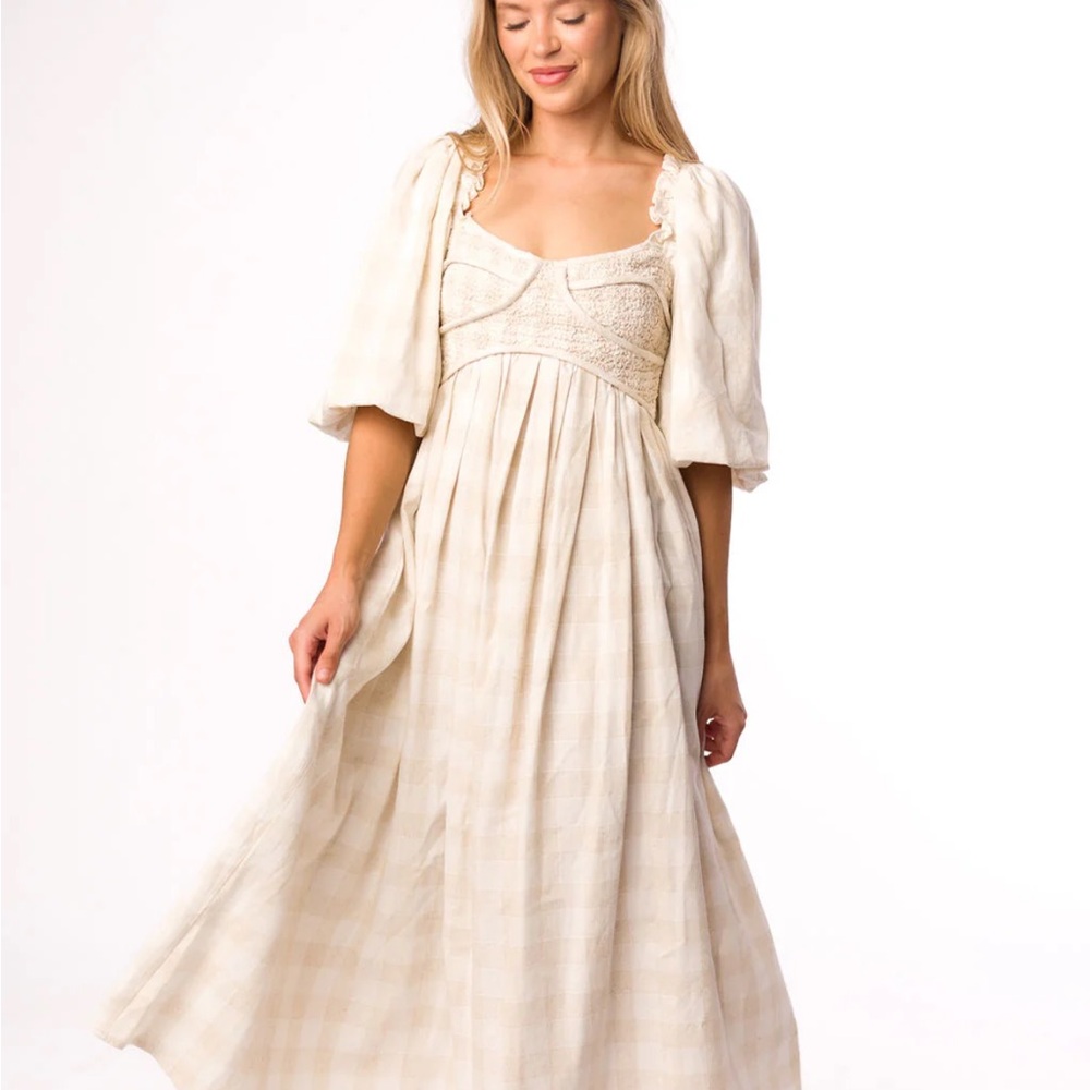 Worth Collective Harlow Maxi Dress in Natural Plaid with Stretchy Neckline